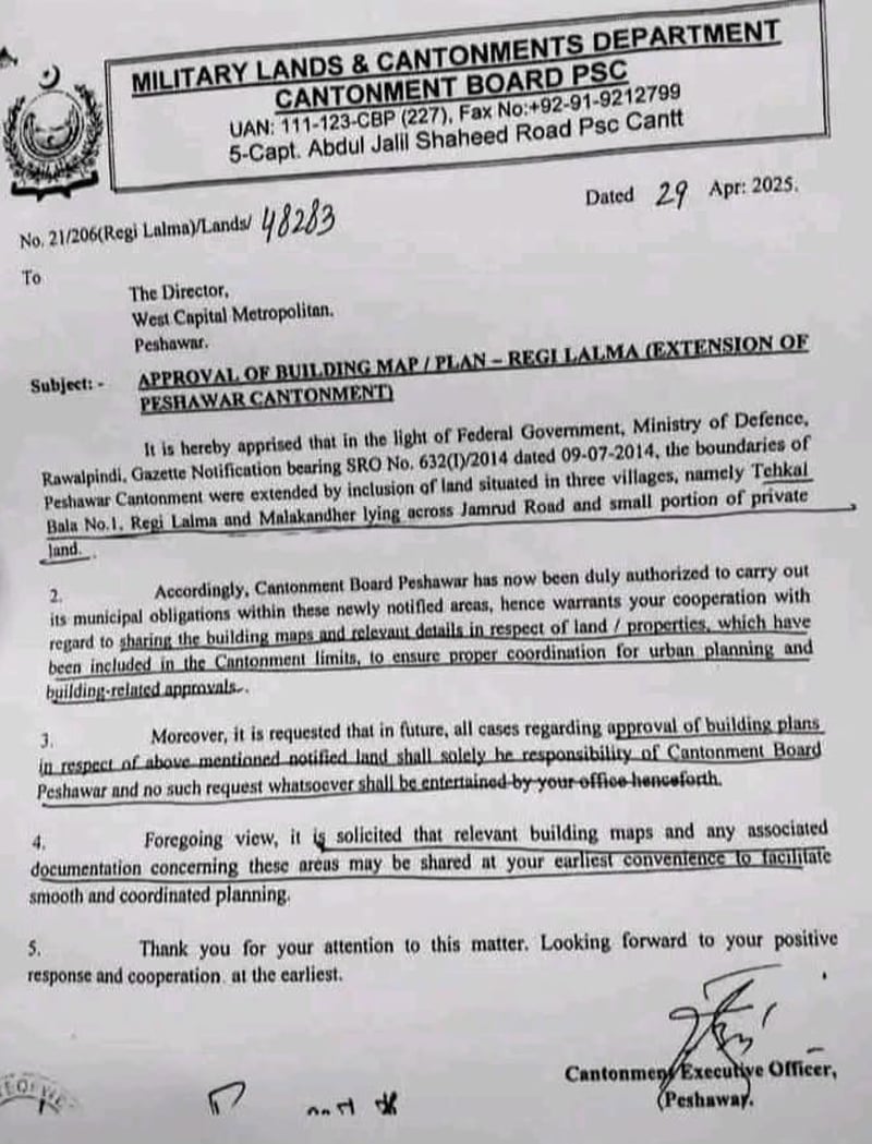 The letter circulating on social media purports to be from the Military Lands and Cantonment Board, Peshawar.