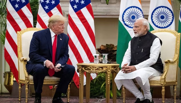 Indian Prime Minister Narendra Modi speaks to US President Donald Trump during a meeting at Hyderabad House in New Delhi, India, February 25, 2020. — Reuters