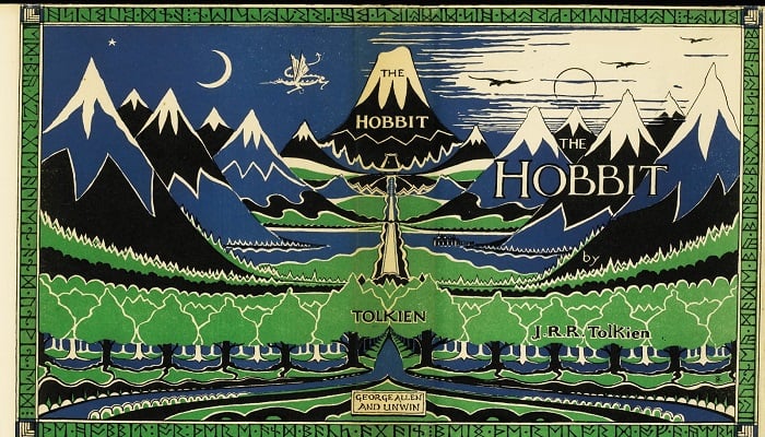 The first edition of The Hobbit from 1937, inscribed in Old English by JRR Tolkien as a gift to one of his first students at Leeds University. — Sothebys/File