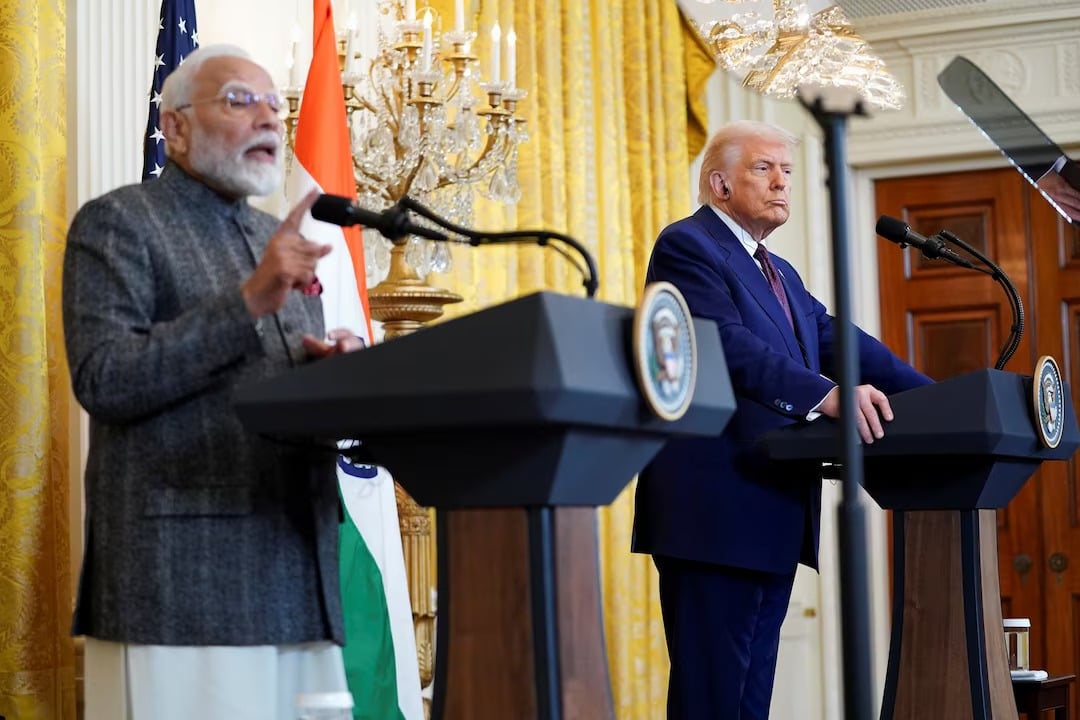 US President Donald Trump listens as Indian Prime Minister Narendra Modi speaks during a joint press conference at the White House in Washington, DC, US, February 13, 2025. — Reuters