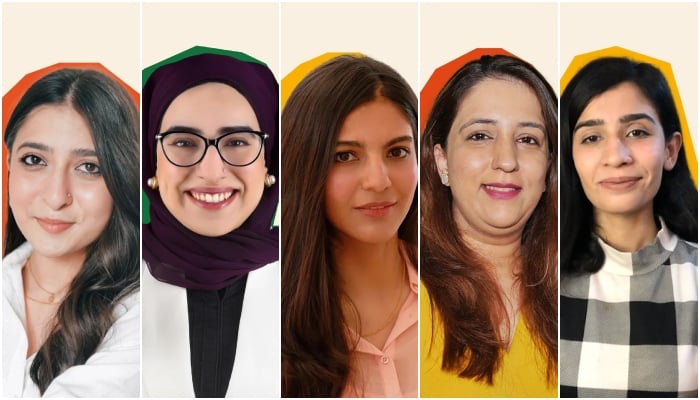 (From left) This combination of images shows Pakistani female entrepreneurs Aiza Salik, Khushbakht Shah Jillani, Namra Khalid, Nida Yousaf Sheikh, and Shaista Khalid. — The Bicester Collection website