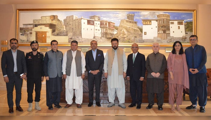 Gilgit-Baltistan Chief Minister Haji Gulbar Khan (centre) meets AKDN leaders in this undated image.