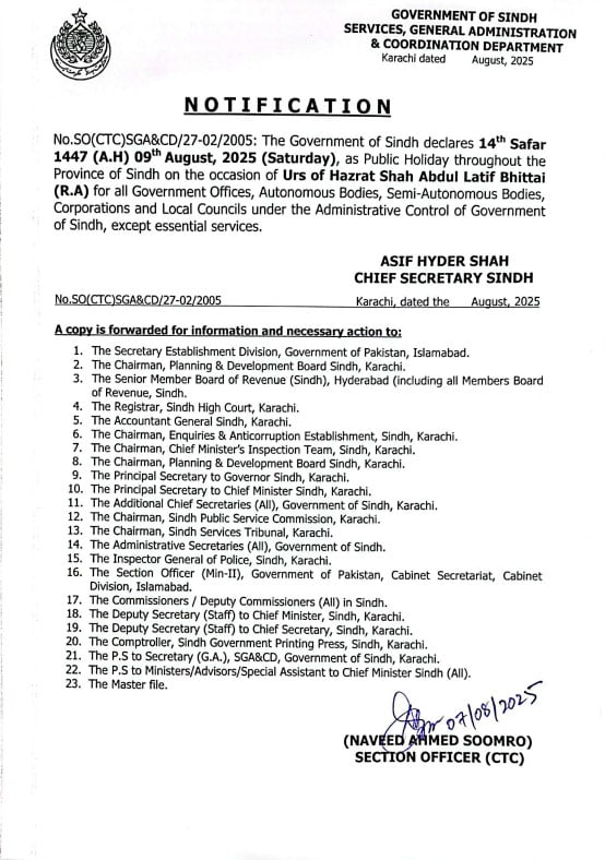 Sindh announces public holiday on August 9