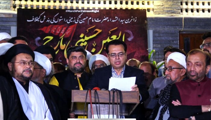 State minister Talal Chaudhry addresses a press conference along with Sindh governor and MWM leadership after successful talks in Karachi on August 8, 2025. — Facebook/@mwmkarachidivision