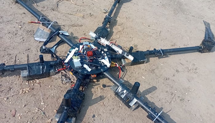 This image shows Indian drone shot down by security forces in Lahore. — Reporter