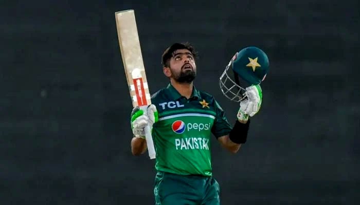 Babar Azam celebrates during the fourth ODI against New Zealand at the National Bank Cricket Arena in Karachi, on May 5, 2023. — PCB