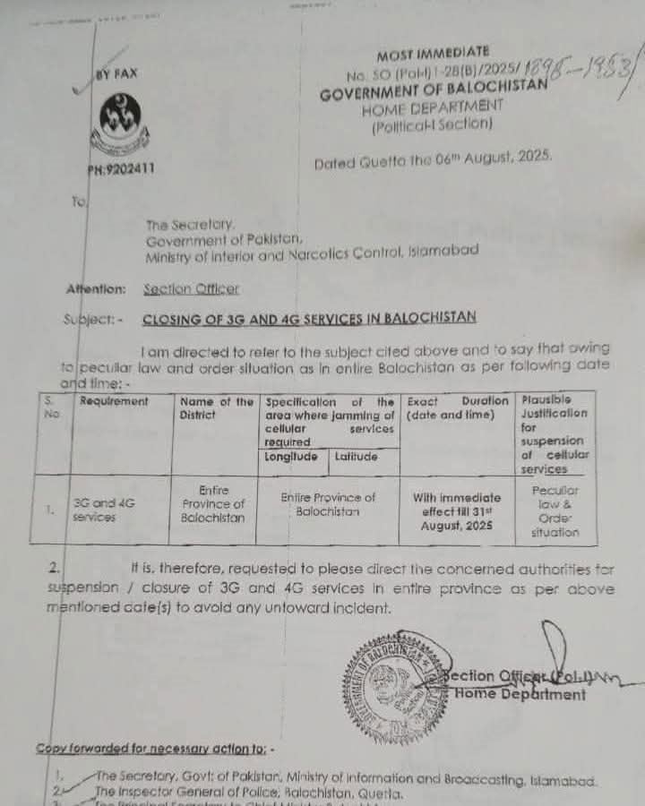 The letter circulating on social media purports to be from the home department in Balochistan۔