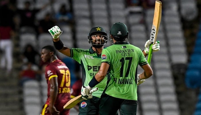 Hassan Nawaz and Hussain Talat celebrate after winning the first ODI between West Indies and Pakistan at the Brian Lara Stadium in Tarouba on August 8, 2025. — Facebook@PCB