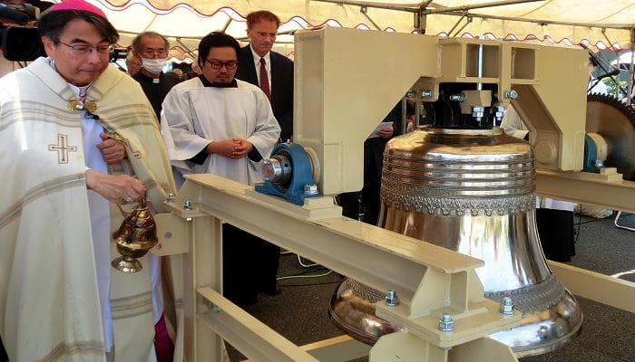 Archbishop Michiaki Nakamura blesses the newly donated “Bell of Saint Kateri of Hope” during a ceremony at Urakami Church on July 17, 2025. — Archdiocese of Nagasaki