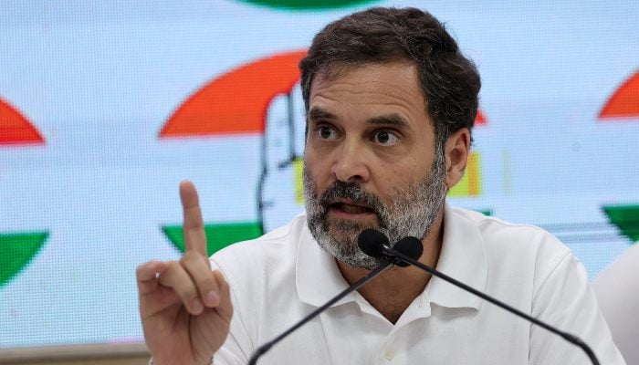 Rahul Gandhi, a senior leader of Indias main opposition Congress party, gestures as he addresses the media at Congress headquarters in New Delhi, India, October 9, 2023. — Reuters