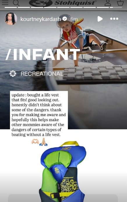 Kourtney Kardashian responds to backlash for skipping life vest on son