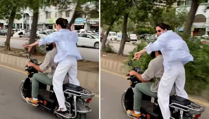 This collage shows Hania Aamir enjoying bike ride in Karachi. — Screengrab via Instagram/haniaheheofficial