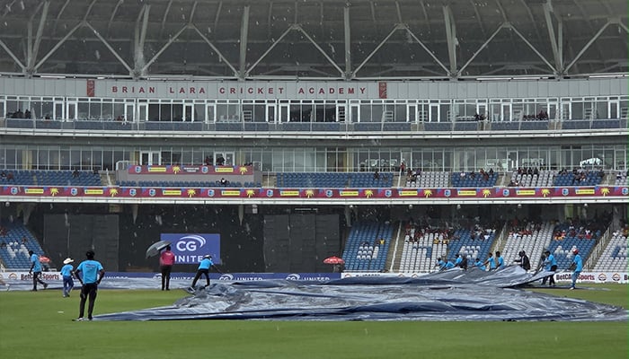 Ground staff covering the pitch after rain picking up at the Brian Lara Stadium, Tarouba, during the second ODI between Pakistan and West Indies on August 10, 2025. — Facebook/@PakistanCricketBoard