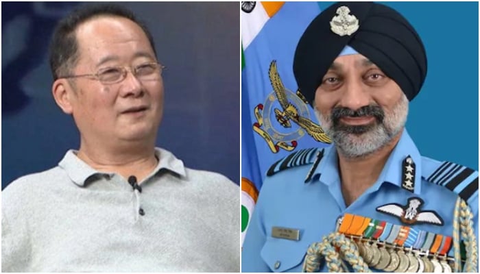 This collage shows Senior Research Fellow at the Charhar Institute Prof Cheng Xizhong (left) and Indian Air Chief Marshal Amar Preet Singh. — APP/NDTV/File