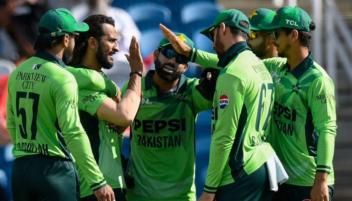 Pakistan players celebrate taking a wicket during their second ODI against West Indies on August 11, 2025. — Facebook@PakistanCricketBoard