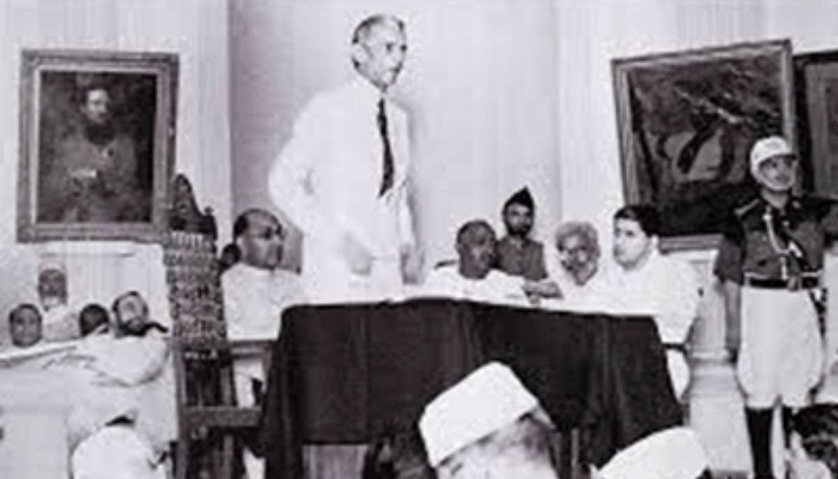 Father of the Nation Quaid-i-Azam Muhammad Ali Jinnah delivers a speech during a convention with former prime minister Liaquat Ali Khan seated next to him. — Consulate General & Trade Commission of Pakistan, Sydney