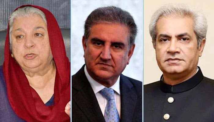 (From left) Yasmin Rashid, Shah Mahmood Qureshi, and Omar Sarfraz Cheema. — Facebook/X/AFP
