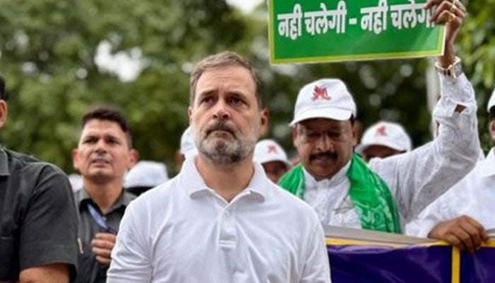Congress leader Rahul Gandhis picture during a protest against alleged voter fraud on August 11, 2025. —X@INCIndia