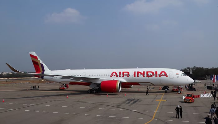 An Air India Airbus A350 aeroplane is displayed at Wings India 2024 aviation at Begumpet airport, Hyderabad, India, January 18, 2024. — Reuters