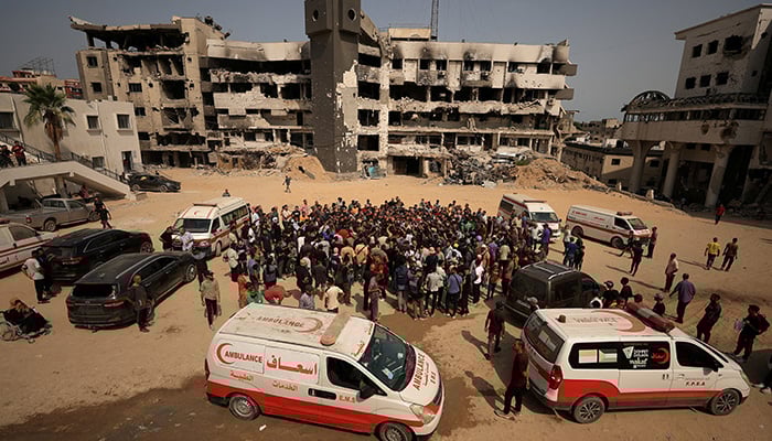Mourners attend the funeral of Al Jazeera journalists Anas Al Sharif, Mohammed Qreiqeh, Ibrahim Zaher, Mohammed Noufal and another colleague, who were killed in an Israeli strike, in Gaza City August 11, 2025. — Reuters