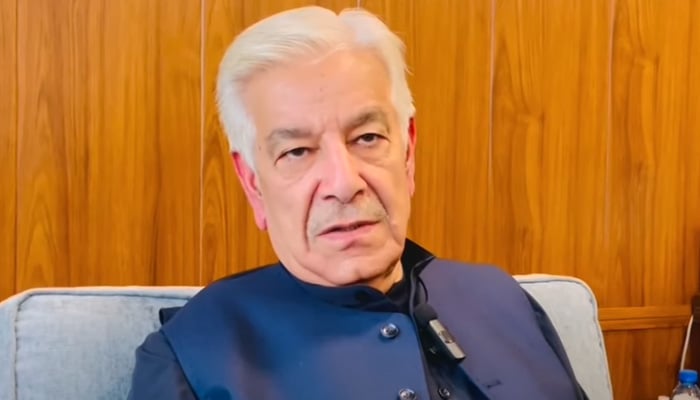 Defence Minister Khawaja Asif speaks during an interview. — Screengrab via Geo News