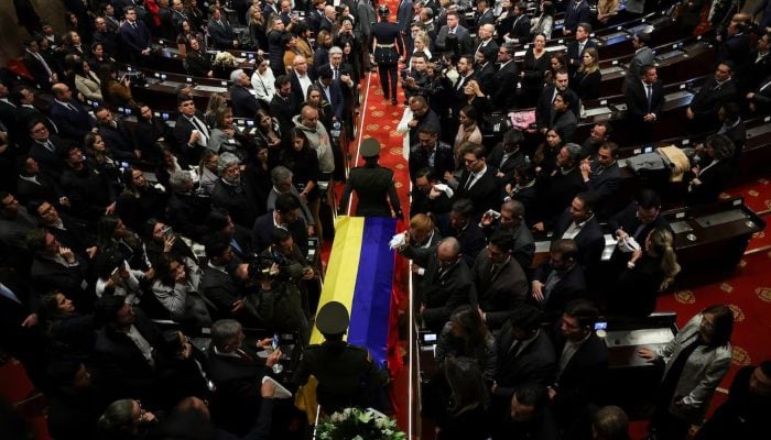 The coffin of Senator Miguel Uribe Turbay, who was shot in the head at a campaign event on June 7, arrives at Colombias Congress for a posthumous tribute, in Bogota, Colombia, August 11, 2025. — Reuters