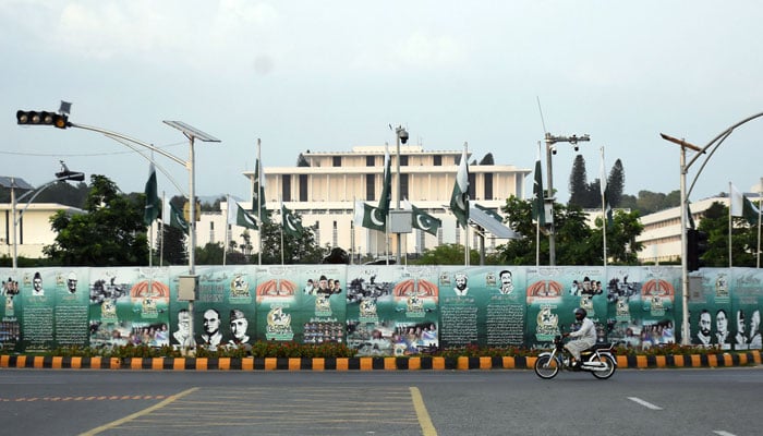A view of the National Flags and banners along the Constitution Avenue during the celebrations of Independence Day in Islamabad on August 11, 2025. — Online