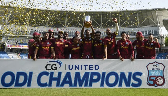 West Indies celebrate their historic series victory after defeating Pakistan in the third ODI at the Brian Lara Cricket Academy in Tarouba on August 12, 2025. — AFP