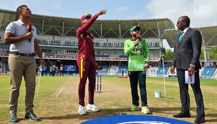 Pakistan and West Indies skippers during the toss for the third and final ODI match at Brian Lara Stadium, Tarouba, on August 12, 2025. — X/@TheRealPCB