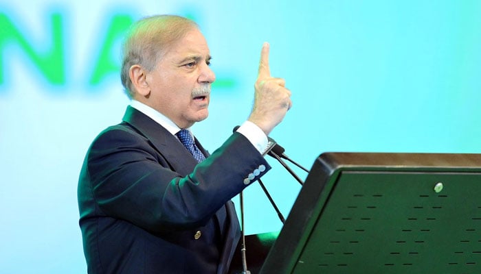 Prime Minister Shehbaz Sharif addresses a ceremony in connection with the International Youth Day in Islamabad on August 12, 2025. — PID