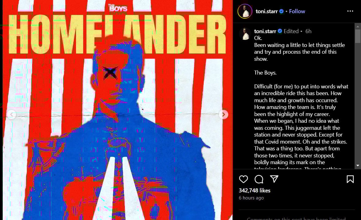 Antony Starr makes difficult post about The Boys ending