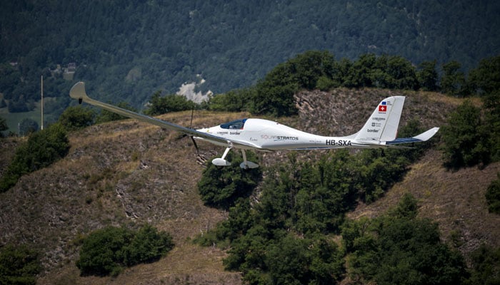 Solar-powered plane SolarStratos, piloted by Swiss pilot Raphael Domjan, is seen taking off at the Sion airport, southwestern Switzerland, on August 8, 2025, during his first attempt of the season at setting a new aviation record by reaching an altitude of 10,000 metres. — AFP