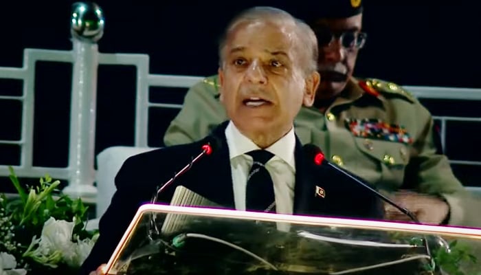 Prime Minister Shehbaz Sharif speaks at a grand ceremony in Islamabad on Wednesday, commemorating Pakistan’s 78th Independence Day and celebrating the historic ‘Marka-e-Haq’ victory. — APP