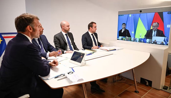 French President Emmanuel Macron, Antonio Costa, President of the European Council, French Minister for Europe and Foreign Affairs Jean-Noel Barrot, and Frances Minister of Armed Forces Sebastien Lecornu attend a video conference with Ukraines President Volodymyr Zelensky and German Chancellor Friedrich Merz to discuss the ongoing war in Ukraine, at Fort de Bregancon in Bormes-les-Mimosas, France, 13 August 2025.  — Reuters