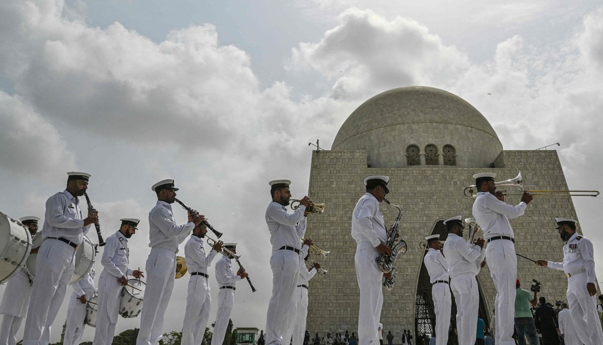 Pakistani naval cadets play the national anthem at the mausoleum of Muhammad Ali Jinnah, during Independence Day celebrations in Karachi on August 14, 2025. — AFP
