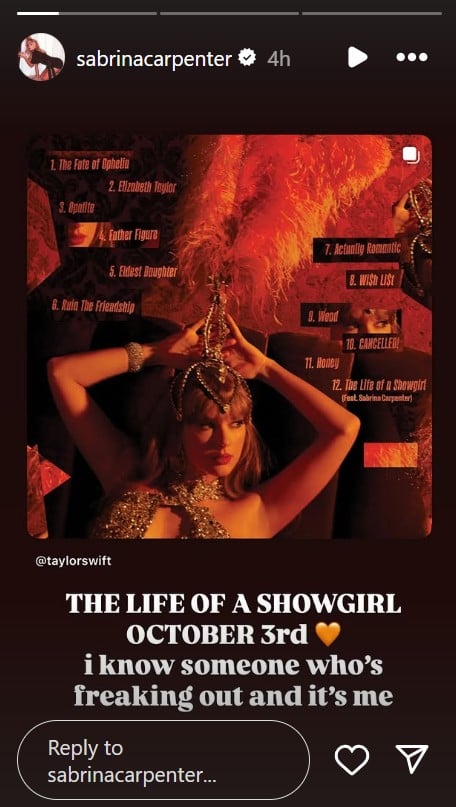Sabrina Carpenter is sole feature on Taylor Swift’s latest album The Life of a Showgirl