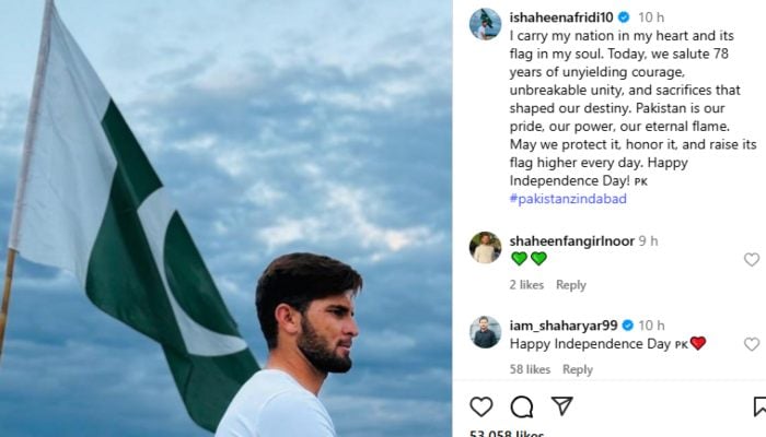 Shaheen Afridis post to mark Independence day 2025. — Instagram/@ishaheenafridi10