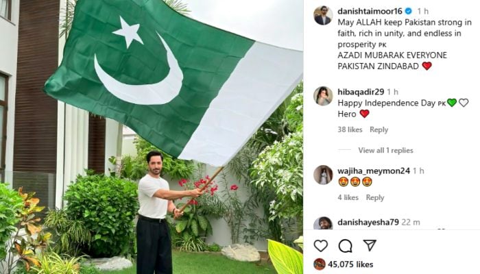 Actor Danish Taimoor is seen waving the national flag on Independence Day. — Instagram/@danishtaimoor16
