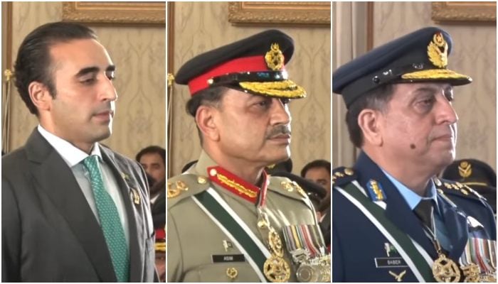 (From left) PPP Chairman Bilawal Bhutto, Field Marshal Asim Munir and PAF chief Zaheer Ahmed Baber Sidhu conferred upon national awards at investiture ceremony held at the President House on August 14, 2025. — Screengrab via Geo News