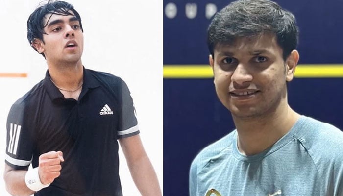 Pakistans squash players Asim Khan (right) and Ashab Irfan are seen in this collage. —X/@asimkhansquash/Reporter