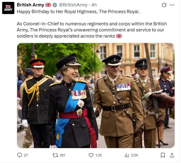 British Army pays tribute to Princess Anne