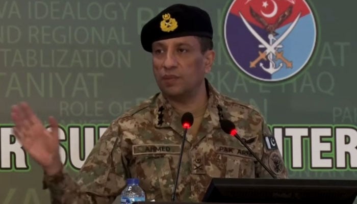 Director General Inter-Services Public Relations (DG ISPR) Lieutenant General Ahmad Sharif Chaudhry speaks to students during a special session. — Screengrab via Facebook@OfficialDGISPR