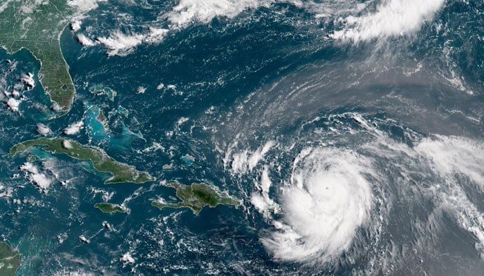 Hurricane Erin, which is the first hurricane of the 2025 Atlantic season and has developed into a dangerous Category 4 hurricane, moves westward near Puerto Rico in a composite satellite image August 16, 2025. — Reuters
