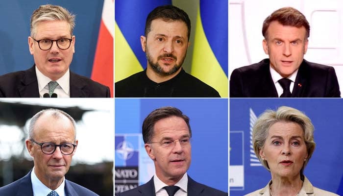 (Clockwise from top left) British Prime Minister Keir Starmer, Ukraines President Volodymyr Zelensky, French President Emmanuel Macron, European Commission chief Ursula von der Leyen, NATO Secretary-General Mark Rutte and German Chancellor Friedrich Merz. — Reuters