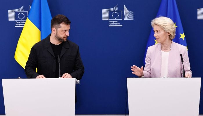 Ukraines President Volodymyr Zelensky and European Commission President Ursula Von der Leyen attend a joint press conference in Brussels, on August 17, 2025. — AFP