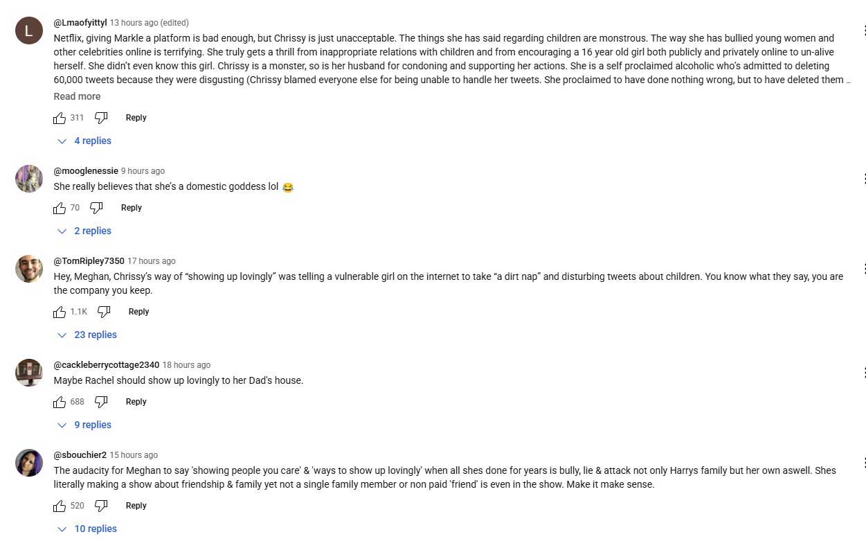 Screenshots of comments Meghan Markles Netflix trailer has received on YouTube