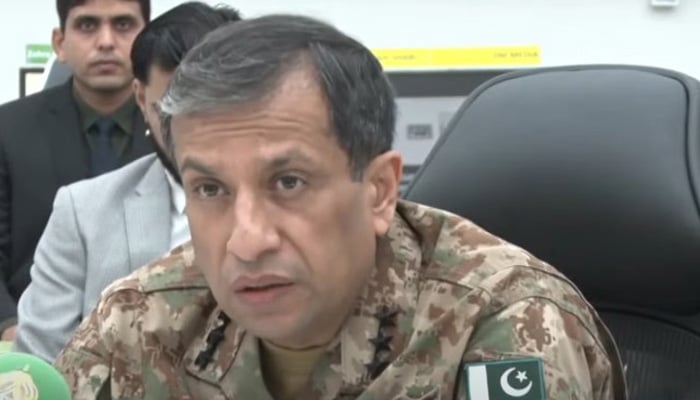 Director General of Inter-Services Public Relations (DG ISPR) Lieutenant General Ahmed Sharif Chaudhary speaks during a media briefing in Islamabad on August 19, 2025. — Geo News