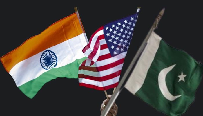 (From left to right) National flags of India, the United States, and Pakistan. — Reuters