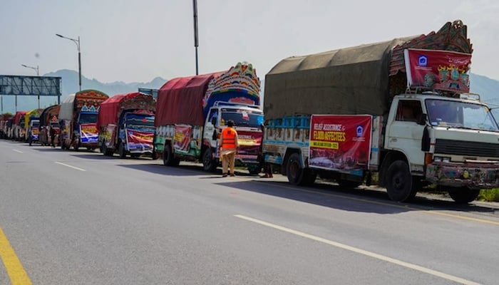 Rescue trucks line up to enter the district of Buner, in Khyber Pakhtunkhwa devastated by floods. — Al Khidmat Foundation