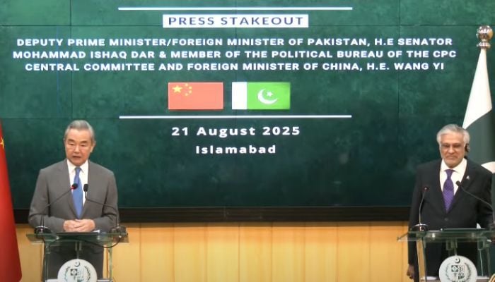 Deputy Prime Minister and Foreign Minister Ishaq Dar and Chinese Foreign Minister Wang Yi hold a joint press conference in Islamabad on August 21, 2025. — X/@ForeignOfficePk